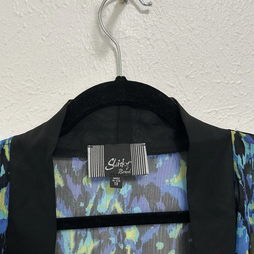 Slinky Brand Blue Multicolor Abstract Semi Sheer‎ Open Kimono Drape Cover Up 1X